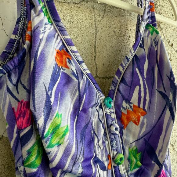 Vintage 80s 90s Floral Peplum One Piece Swimsuit M Purple Modest Pinup Skirted - Picture 5 of 8